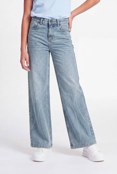 FAME FOREVER Girls Embellished Wide Leg Jeans