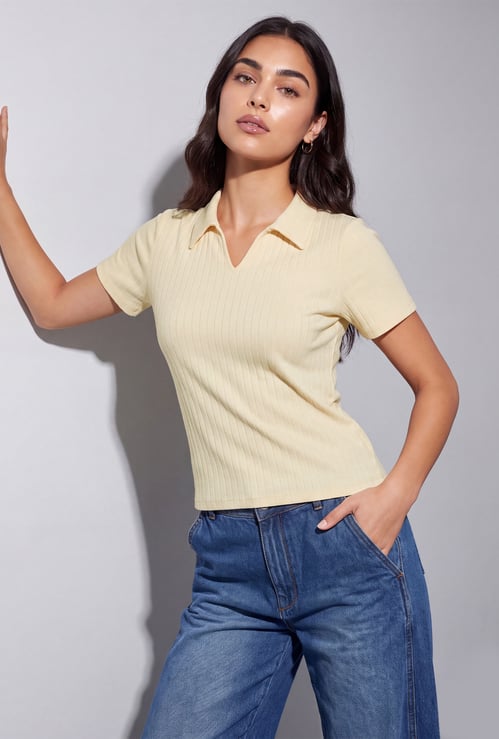 FAME FOREVER Ribbed Johnny Collar T-shirt