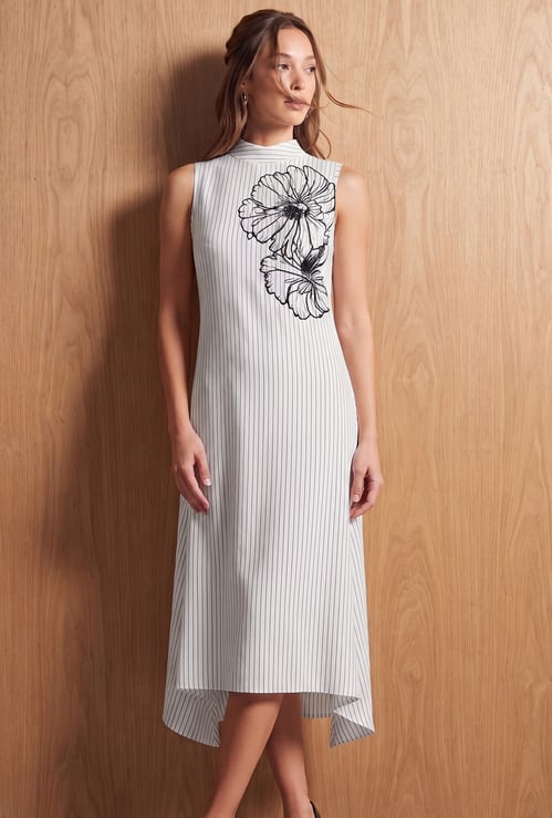 CODE Striped Floral Embroidered Midi Dress
