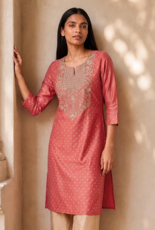 MELANGE Embroidered Straight Notched Neck Kurta