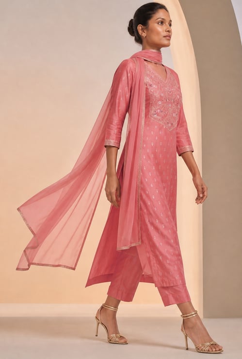 MELANGE Embroidered Straight Kurta Set