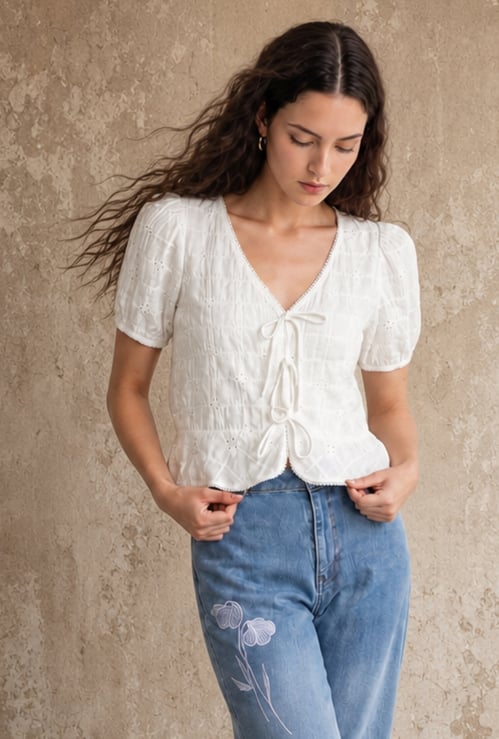GINGER Self Design Tie-Up Crop Top