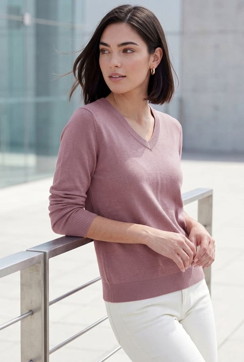 FAME FOREVER V-Neck Flat Knit Top