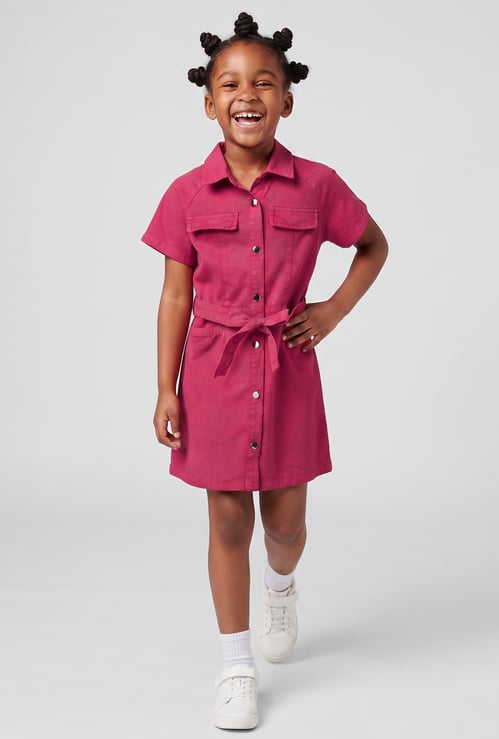 FAME FOREVER Girls Solid Shirt Dress with Tie-Up Belt