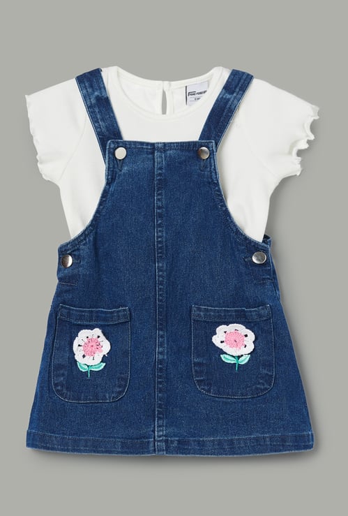 FAME FOREVER Girls Embroidered Dungaree with Top Set