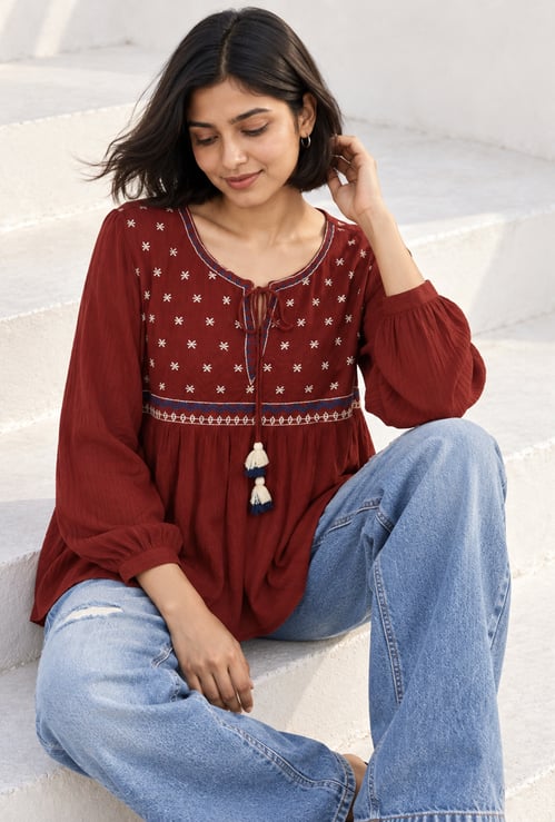 MELANGE Embroidered Tie-Up Neck Tunic