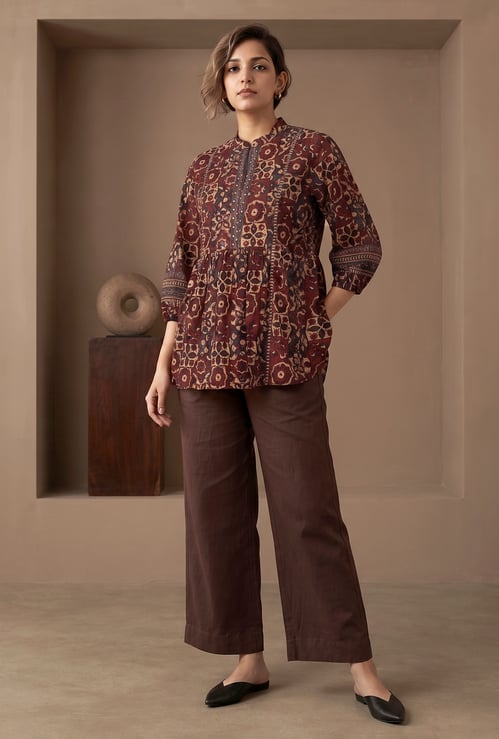 MELANGE Printed Band Collar Tunic