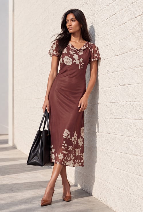 CODE Floral Print Cowl Neck Midi Dress