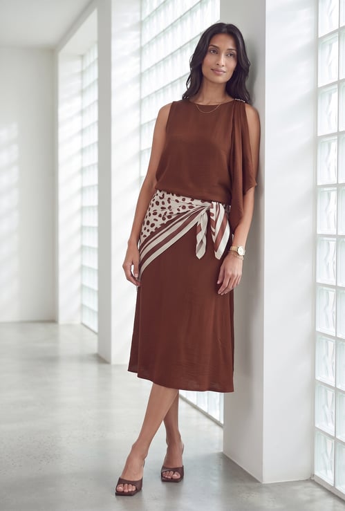 CODE Solid Midi Skirt with Scarf Detail