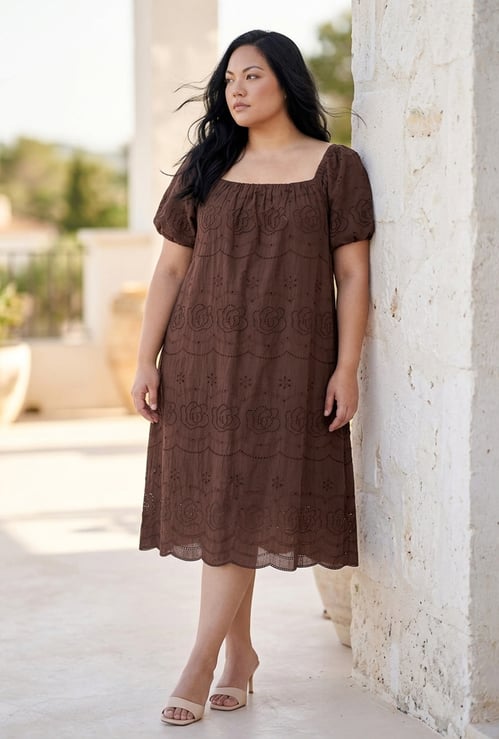 NEXUS Embroidered Square Neck Midi Dress