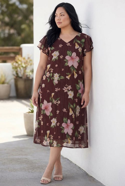NEXUS Floral Printed V-Neck Midi A-line Dress