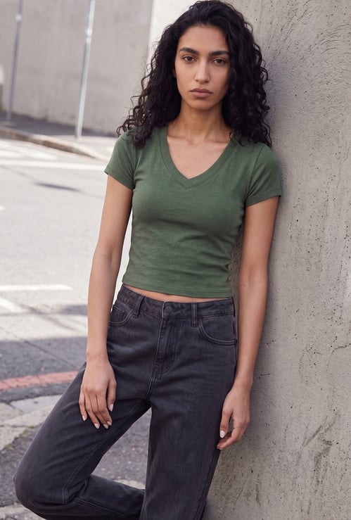GINGER Solid Cropped T-shirt