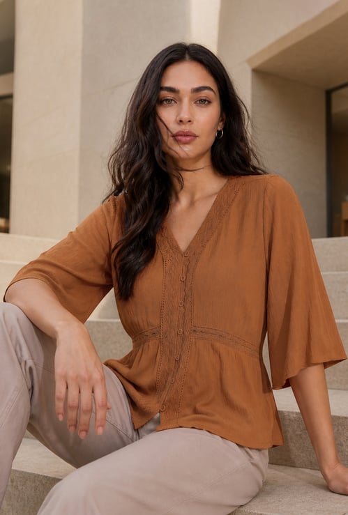 FAME FOREVER Solid V-Neck Button Top