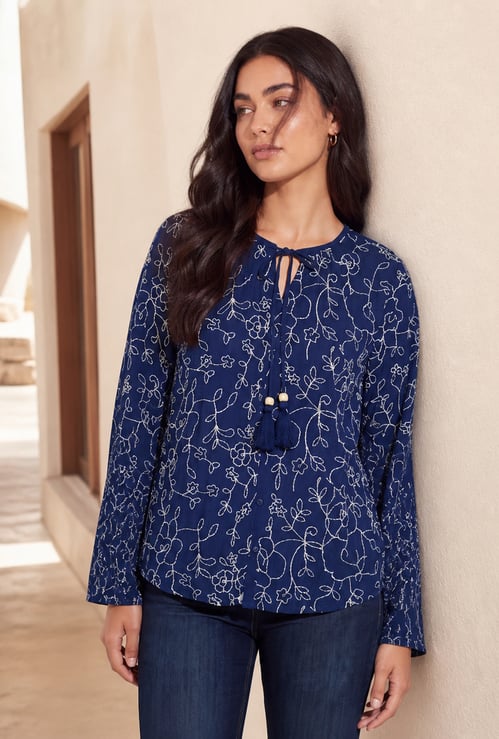 FAME FOREVER Floral Embroidered Tie-Up Top