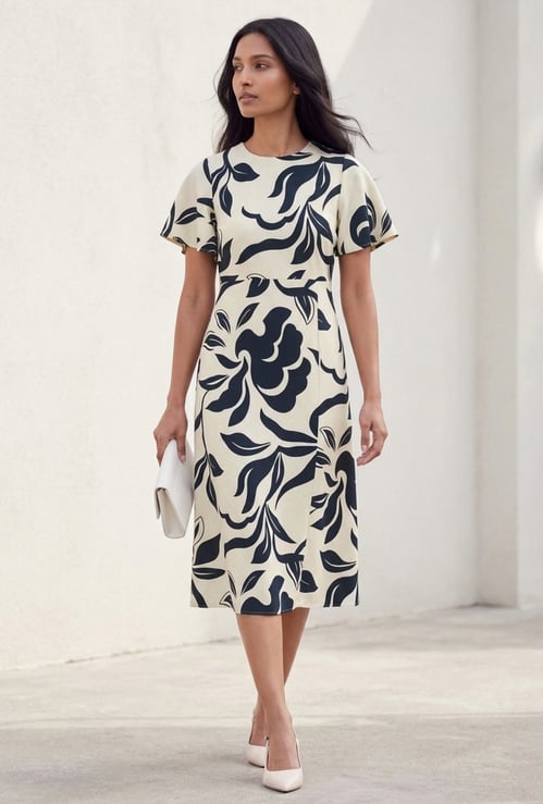 CODE Floral Print Flutter Sleeves Midi Dress