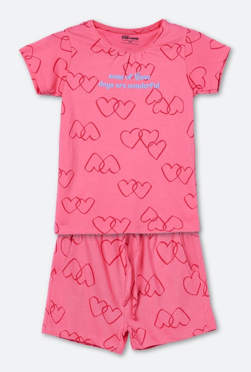 FAME FOREVER Girls Heart Print T-shirt with Shorts