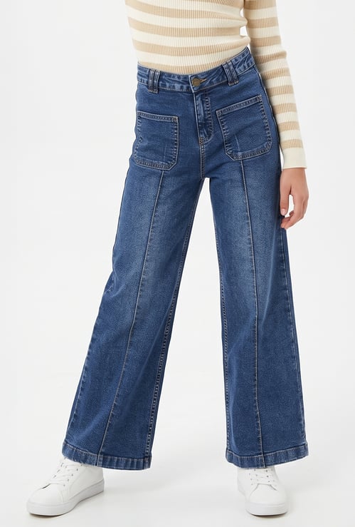 FAME FOREVER Girls Wide-Leg Mid-Wash Jeans