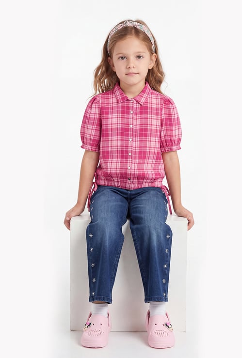 FAME FOREVER Girls Checked Puffed Sleeves Shirt Style Top
