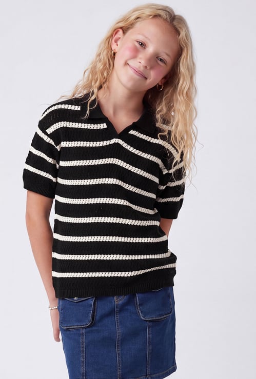 FAME FOREVER Girls Striped Johnny Collar T-shirt