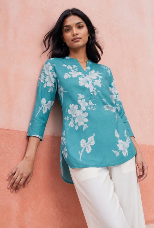 MELANGE Floral Print Band Collar 3/4th Sleeves Straight Kurti