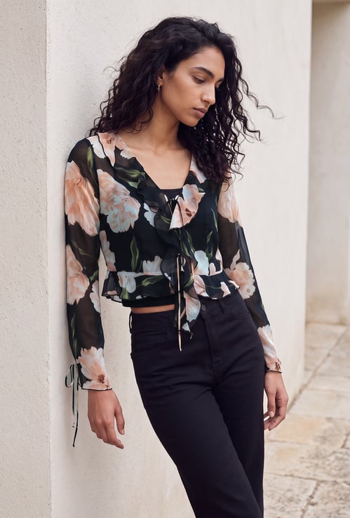 GINGER Floral Print Tie-Up Neck Top