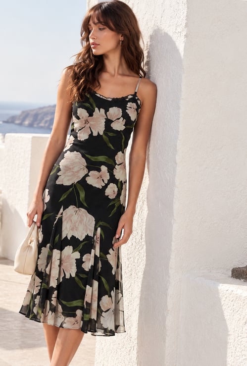 GINGER Floral Print Spaghetti Midi Dress