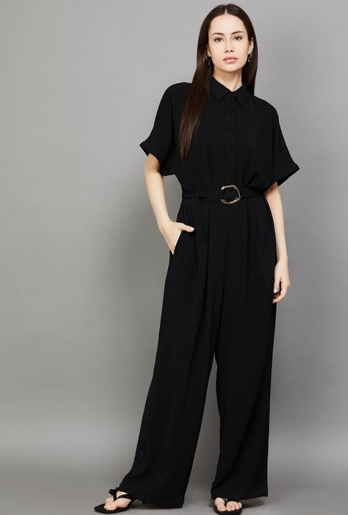 STYLEBYAND Solid Buttoned Belted Jumpsuit