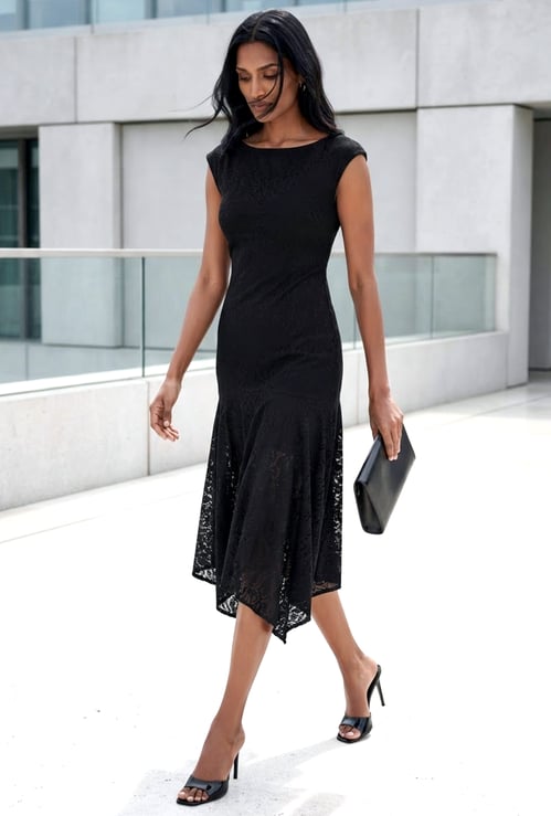 CODE Lace Design Flared Midi Dress