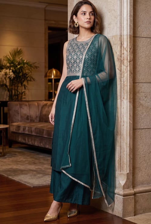 MELANGE Embroidered A-Line Kurta Set