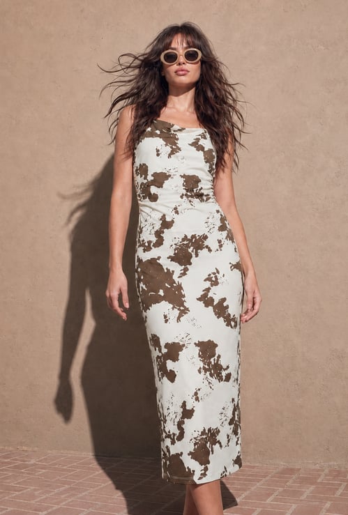GINGER Printed Spaghetti Neck Midi Dress
