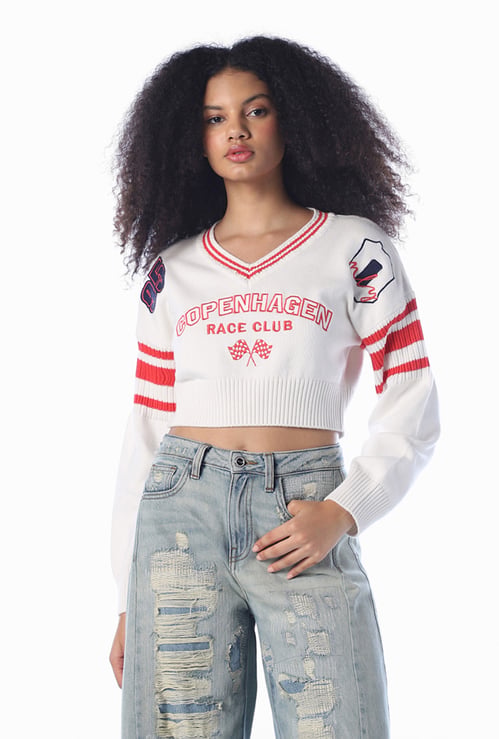 ONLY Typographic Embroidered Cropped Sweater
