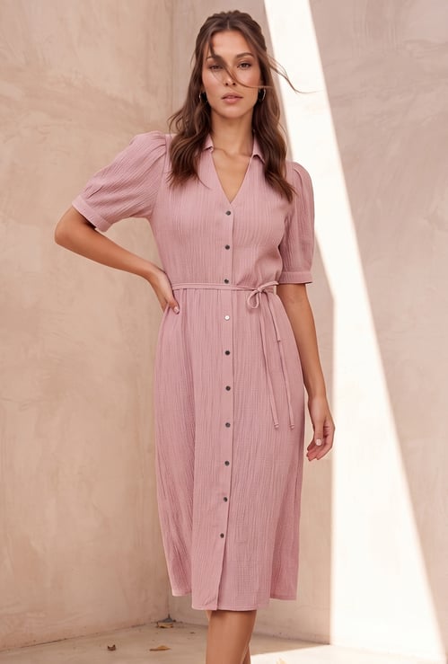 CODE Textured Shirt Dress with Belt