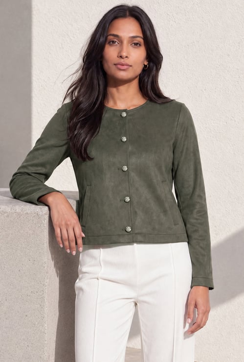CODE Solid Faux Suede Jacket