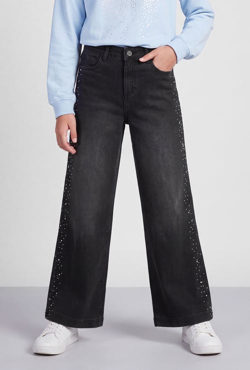 FAME FOREVER Girls Embellished Wide-Leg Jeans