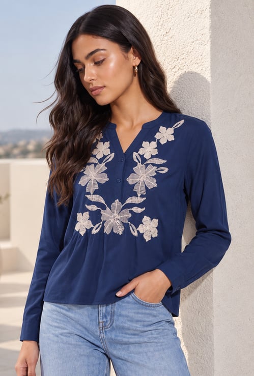 FAME FOREVER Embroidered V-Neck Full Sleeves Top
