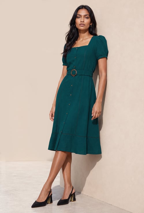 CODE Solid Belted A-line Dress