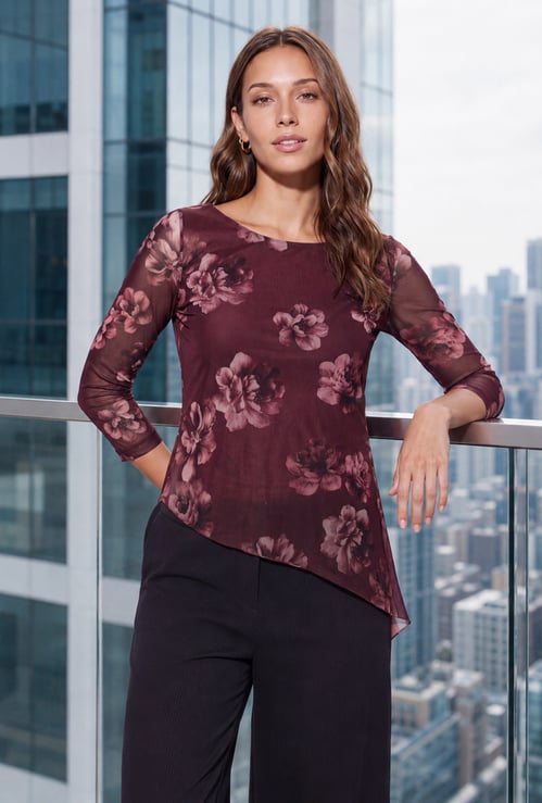 CODE Floral Print Asymmetrical Hem Top