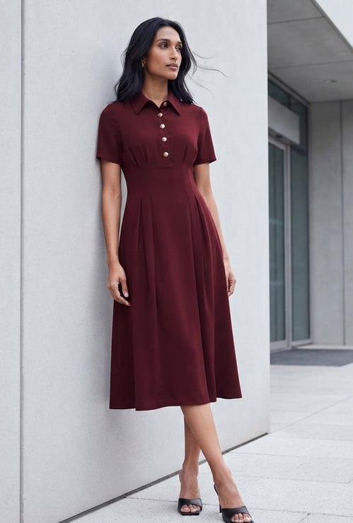 CODE Solid Button Detail Midi Dress