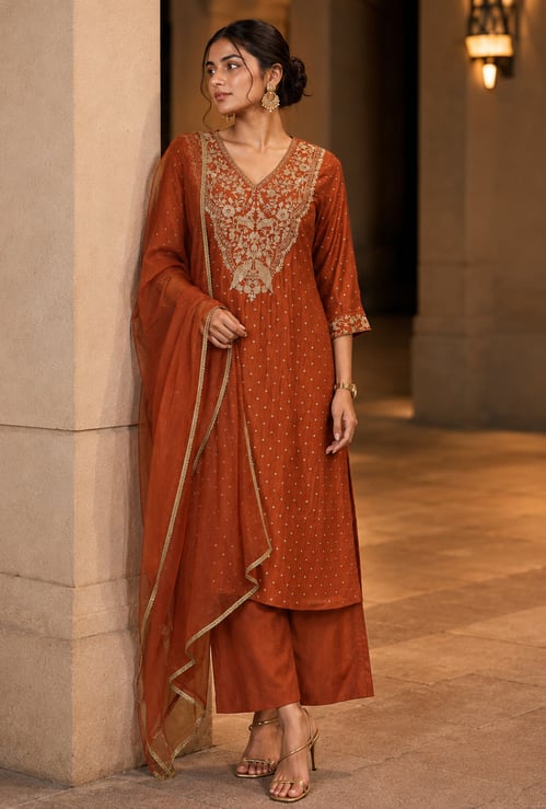 MELANGE Embroidered Straight Kurta Set
