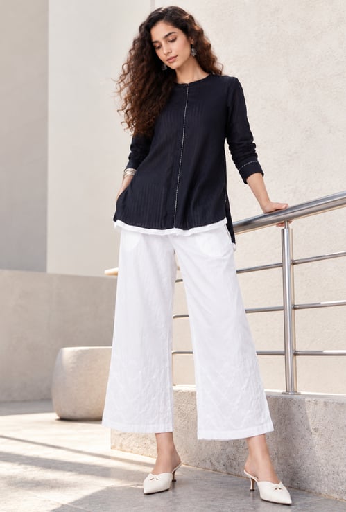 MELANGE Embroidered Flared Palazzos