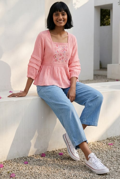 COLOUR ME BY MELANGE Embroidered Peplum Top