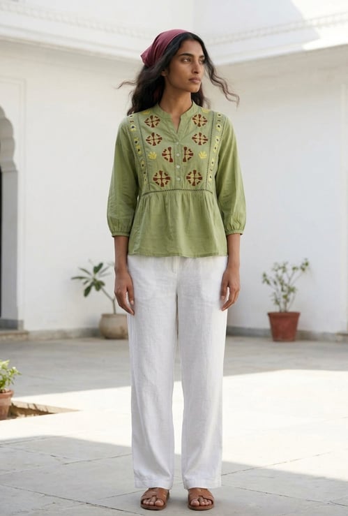 COLOUR ME BY MELANGE Embroidered Band Collar Top