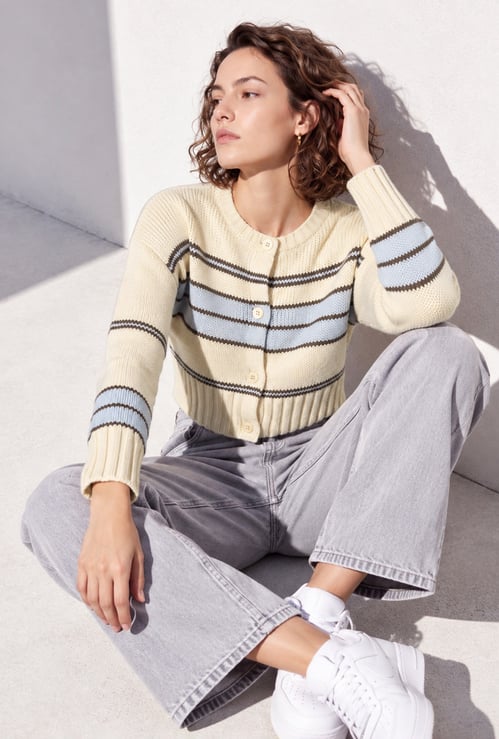 GINGER Striped Buttoned Cardigan