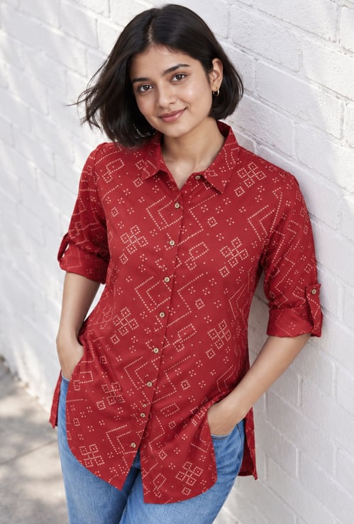 MELANGE Bandhani Print Shirt Style Straight Kurti