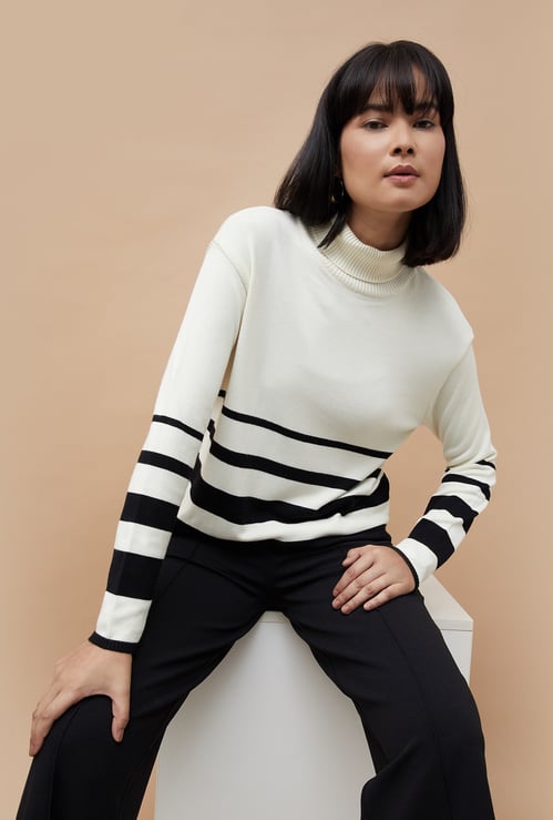 CODE Women Striped Turtle Neck Sweater