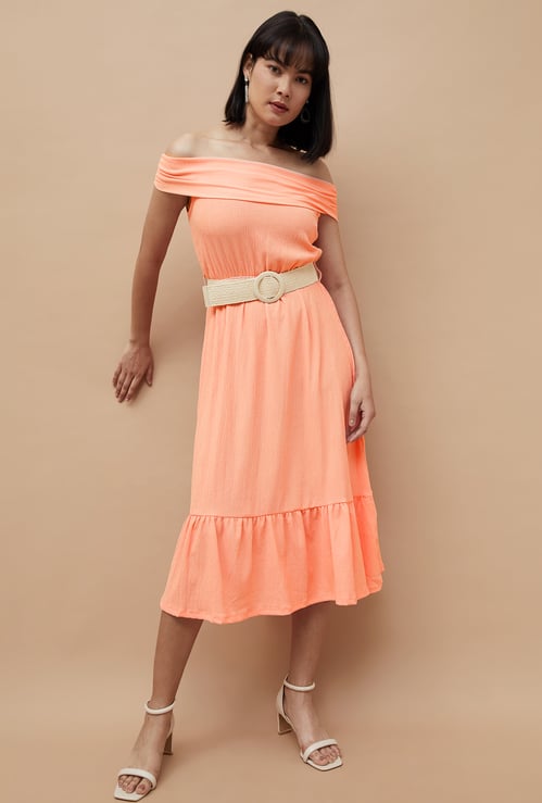 CODE Women Textured Off-Shoulder Belted Dress