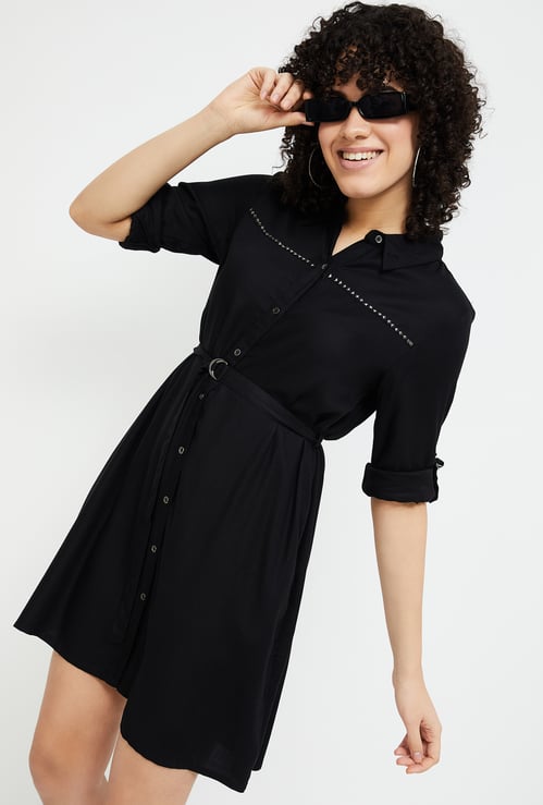 FAME FOREVER Women Solid Belted Shirt Dress