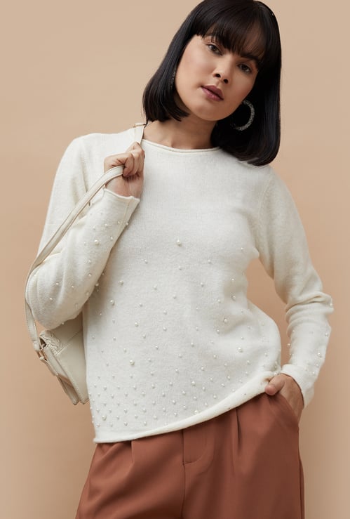 CODE Women Pearl Embellished Sweater Top