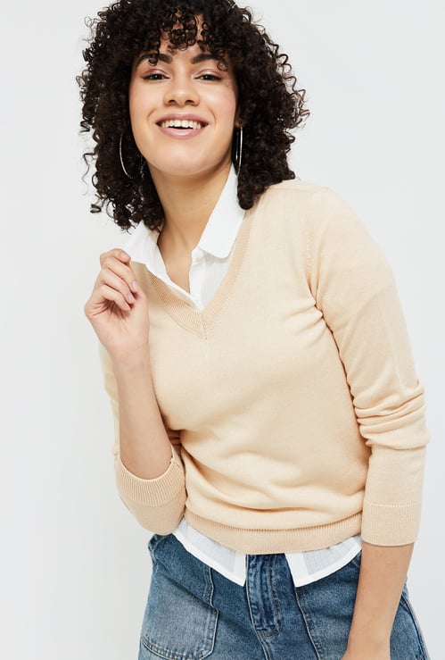 FAME FOREVER Women Solid V-neck Sweater