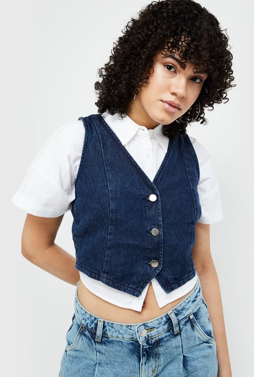 GINGER Women Solid Denim Waistcoat